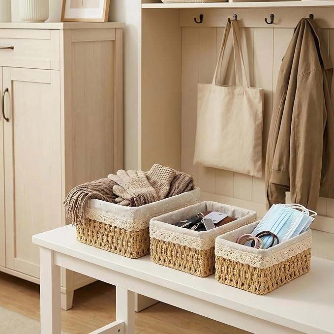 Wicker Baskets with Liner for Counter, Natural Paper Rope Rattan Storage Basket,Hand Woven Pantry Table Organizer Bins for Bedroom Living Room Bathroom School Shelves Office Desk (3 Pack Beige)