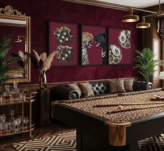 3Pcs Trendy Leopard Canvas Wall Art Funky Lucky 8 Ball Posters Prints Paintings Eclectic Cheetah Preppy Aesthetic Pictures Wall Decor for Bedroom Dorm Living Bathroom Unframed