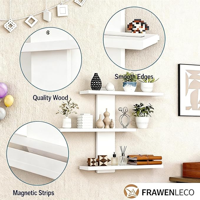 No Drilling 3 Tier Wall Shelf Unit, Versatile Lack Wall Shelf, Wall Hanging Storage Shelves for Kitchen Living Room Bedroom Dorm, Decorative Vertical Shelving Unit, White