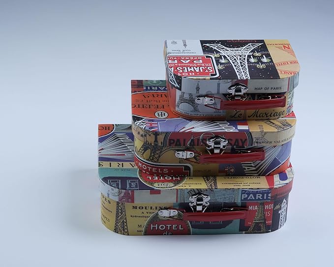 wald imports - Set of 3 Paperboard Suitcases -Decorative Storage Boxes - Suitcase Set for Decoration, Storage, and More (Parisian Adorned)