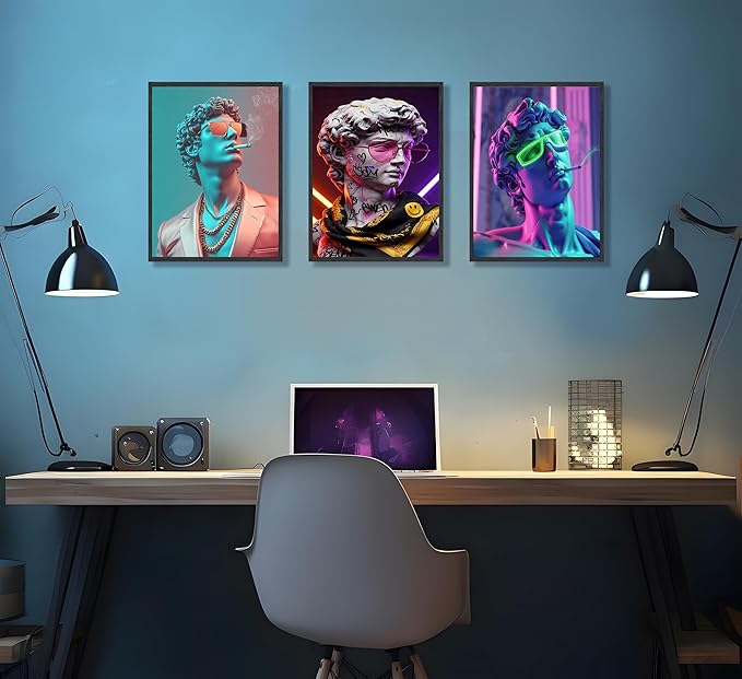 FJKLRP 3pcs Cyberpunk David Wall Art Neon Graffiti Canvas Prints poster Modern Pop Art Canvas Wall Decor for Living Room Gaming Room Bedroom Decoration Unframed
