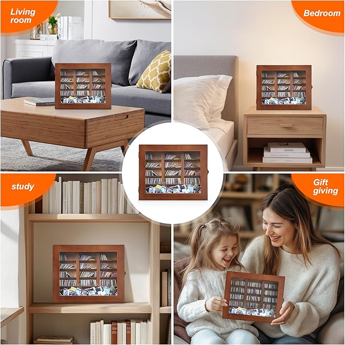 Anxiety Mini Bookshelf Mini Books with 300PCS Mini Bookshelf Shake Away Your Anxiety Wooden Miniature Book Library for Stress Relief, Home and Office Decor, Unique Gift for Book Lovers-Brown