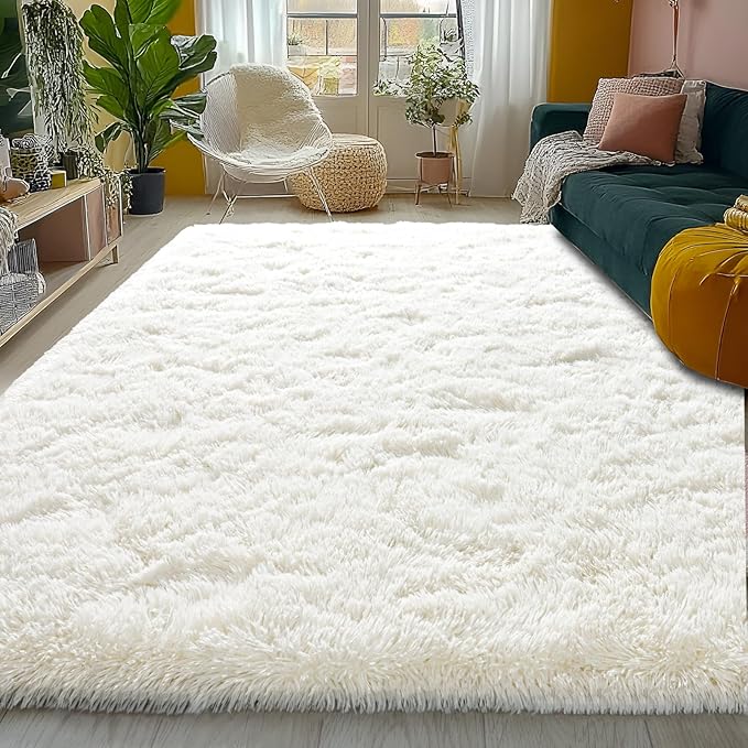 5x7ft Fluffy Fuzzy Area Rug for Living Room Bedroom, Ultra Soft Rugs for Living Room, Modern Shaggy Carpets Rug for Boys Girls Dorm Nursery Home Decor Aesthetic, Upgrade Non-Slip Durable, Cream White