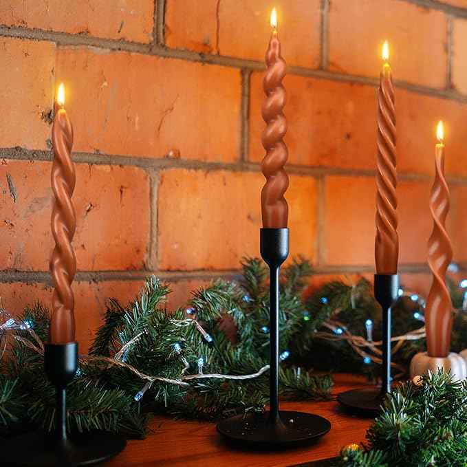 Nuanchu 4 Pcs Twisted Taper Candles Wax Unscented Smokeless Spiral Swirl Candlesticks for Wedding Holiday Dinner Party Home Decorations(7.87 Inch,Pure,Brown)