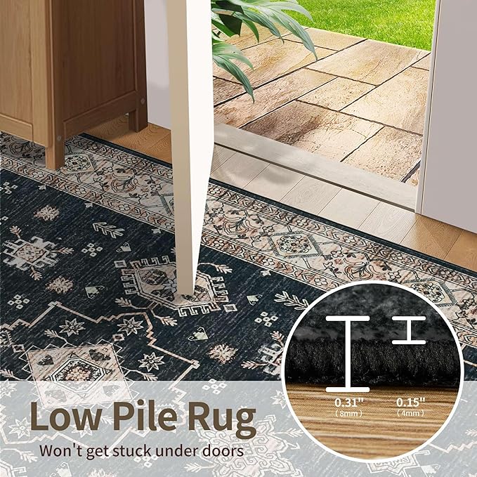Rugxara Area Rugs for Living Room Bedroom, Washable Rug, Black Vintage Floral Boho Rug, Non Slip & Low Pile Faux Wool Accent Carpet for Indoor Dining Room, Kids Room and Office(Black 4x6ft)