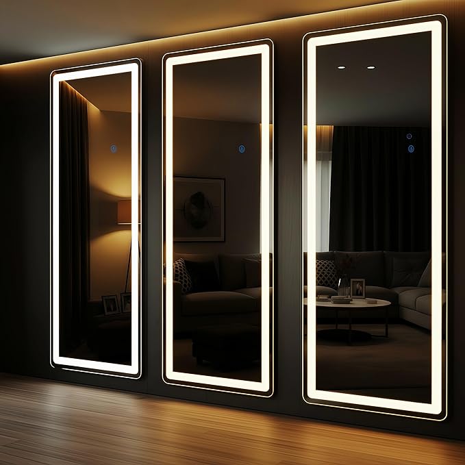Full Length Mirror with LED Lights 65"x24"Rectangle Full body mirror with Stand Aluminum Alloy Frame, Tempered Glass Floor Mirror with Dimming&3 Color Lighting for Bedroom Dressing Room Silver
