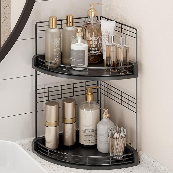 2-Tier Bathroom Countertop Corner Organizer for Small Spaces Counter Shelf for Sink & Vanity, Compact Vertical Storage for Toiletries (Black)