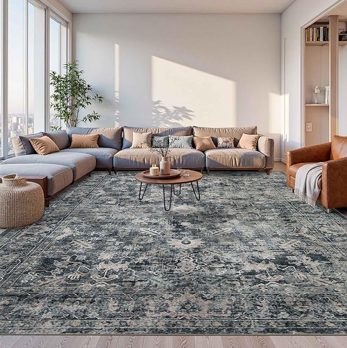 Rugxara 10x14 Area Rugs for Living Room Bedroom, Large Washable Rug, Blue Vintage Retro Boho Rug, Non Slip & Low Pile Faux Wool Thin Carpet for Indoor Dining Room and Kids Room(Blue 10x14ft)