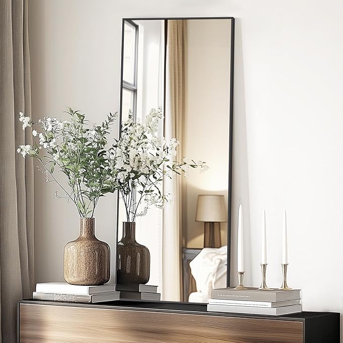 56"X18" Full Length Mirror, Black Floor Mirror with Stand Hanging or Leaning Against Wall Aluminum Alloy Frame Wall Mirror Full Length Tempered Glass for Bedroom Living Room