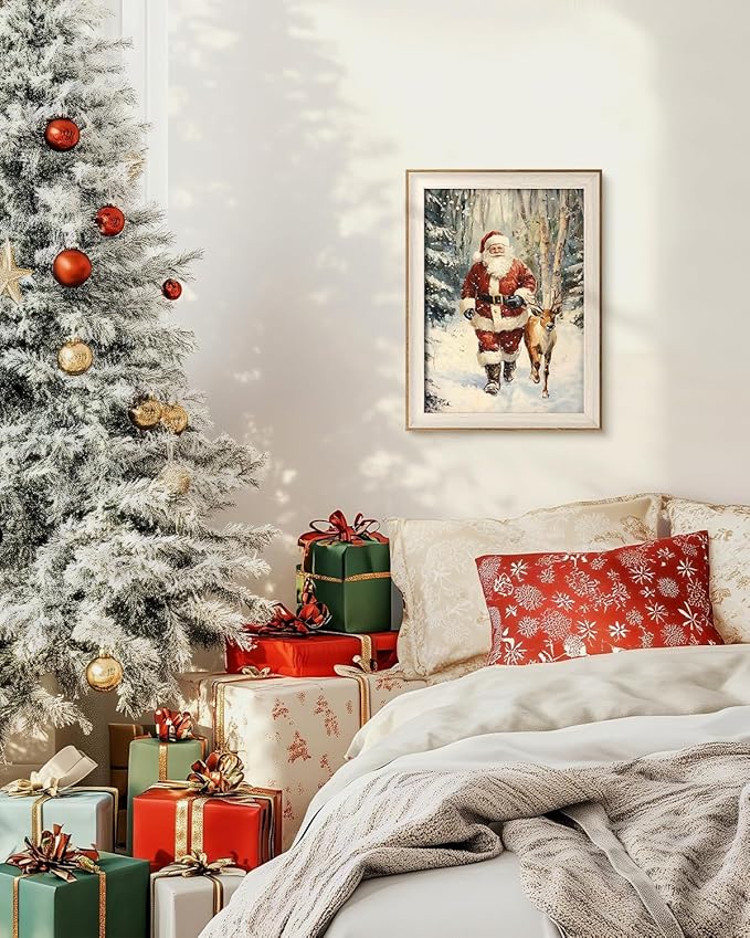 VIYYIEA Winter Framed Wall Art for Living Room, Santa Claus and Reindeer Canvas Prints, Oil Painting Home Decor, Christmas Picture, Bathroom Wall Decor Gifts for Friends or Family - 16L x 12W