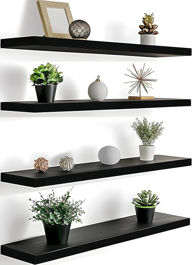 GXYAWPJ 24 Inch Floating Shelves for Wall Rustic Black Wood Wall Shelves for Bedroom Set of 4