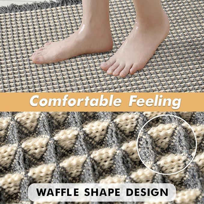 MIULEE Set of 2 Waffle Bathroom Rugs, Boho Bath Rugs Non Slip Washable, Super Absorbent Bath Mats, Ultra Soft Rubber Backed Shower Mats for Bathroom Floor, Tub, Dark Grey & Yellow, 17x24 Inch