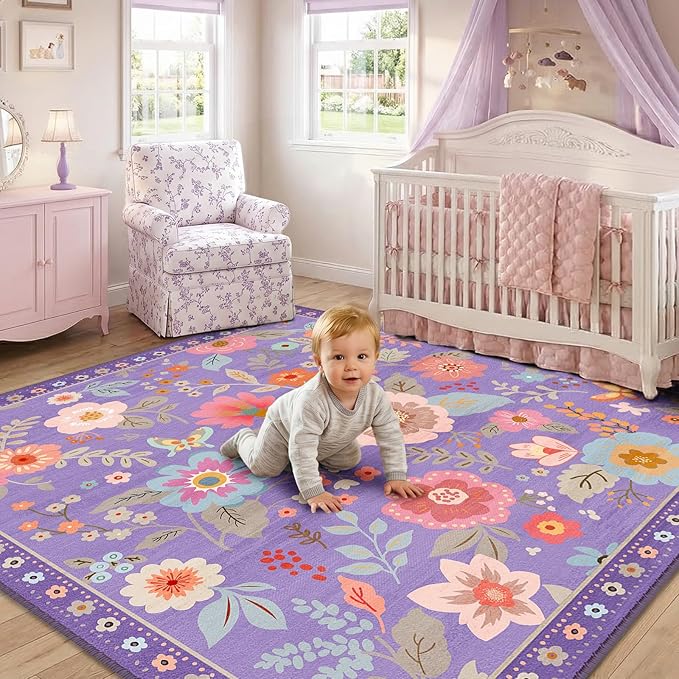 RELEANY Floral Nursery Square 5ft Area Rugs Washable Print Boho Cute Carpet Non Slip Flower Low Pile for Living Room Kids Girls Playroom Bedroom Kitchen Office Farmhouse-Purple/Pink/Multi