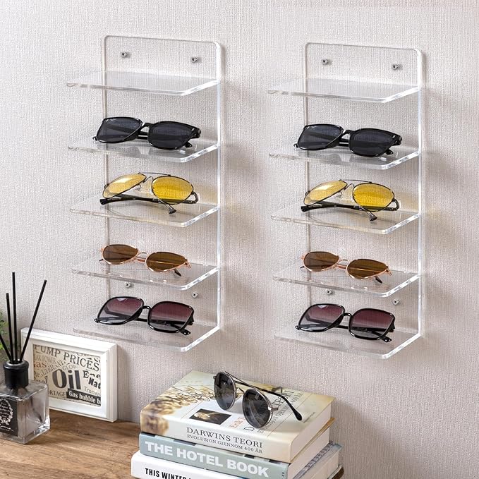 MyGift 5 Tier Clear Acrylic Sunglasses Holder Rack, Wall Mounted Eye Glasses Shelf or Tabletop Display Stand, Retail Eyewear Showcase Storage Organizer, Set of 2