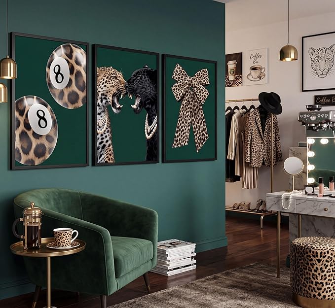 3Pcs Framed Trendy Leopard Canvas Wall Art Funky Lucky 8 Ball Pictures Wall Decor Cheetah Bows Preppy Aesthetic Posters Prints Paintings for Bedroom Dorm Living Bathroom Home Decoration