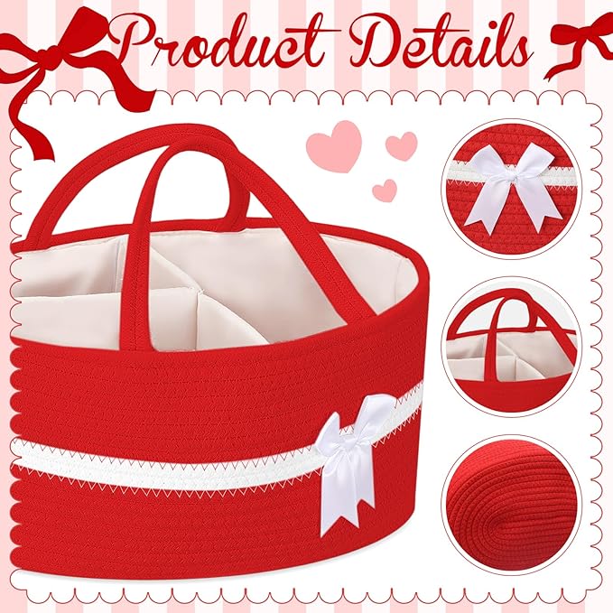 Yinkin 1 Pcs Extra Large Cotton Rope Storage Basket with Handles and Removable Divider Woven Gift Baskets with Bow for Closet Bedroom Nursery Toys Organizing, 14.17 x 8.66 x 7.09 Inch(Red and White)