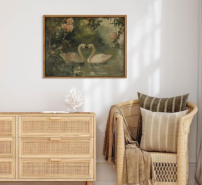Framed Vintage Canvas Swan wall art Sage Green Print Antique Couple Swan Oil Painting Elegant Animal Pictures Wall Decor Farmhouse Aesthetic Wall Decor for Living Room Bedroom Farmhouse Home