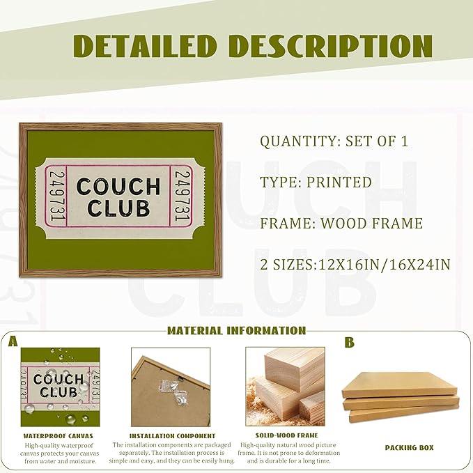 Vintage Framed Wall Art, Couch Club Ticket Canvas Wall Decor Painting, Retro Green Minimalist Quote Poster Print Picture for Living Room Bathroom Home Decor 16x24 Inch