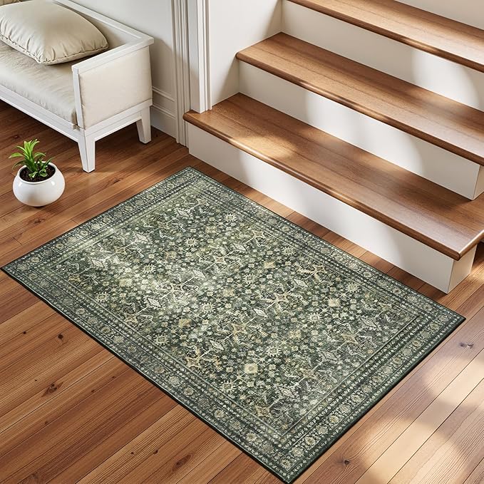 Lofus 2x4 Area Rug for Entryway Bathroom, Green Non Slip Washable Kitchen Mats for Floor, Soft Door Mat Indoor Entrance, Small Area Rugs, Farmhouse Carpet for Entry Living Room Bedroom