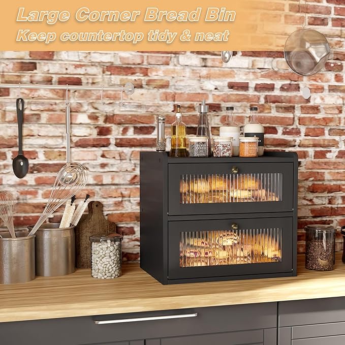 Alpeir Double Layer Large Bread Box for Kitchen Counter, Wooden Corner Bread Storage Container with Acrylic Window, Black