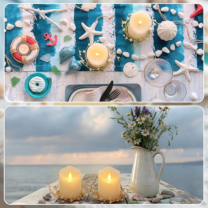 Daifunli 2 Pcs Pearl White Berry and Pip Gold Wire Candle Rings Vintage Pip Berries Wreaths for Pillar 3.9 Inch Candles Holder for Summer Ocean Beach Rustic Table Centerpiece Decor
