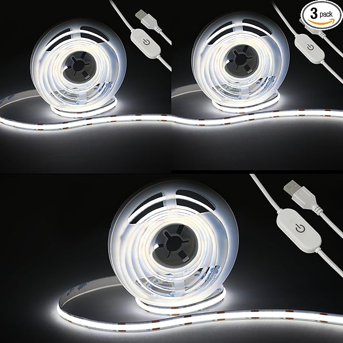 Led Strip Lights 5V USB 6.56ft/2m 640 LEDs Touch stepless Dimmable USB COB LED Strip Light 6500K White 10W Flexible 5v led for Bedroom Kitchen,Room Decor,3D Printing Lighting (3Pack)