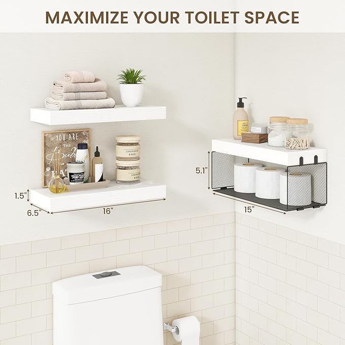 Acovy Bathroom Floating Shelf for Wall,16 inch Wall Mounted Floating Shelves Toilet Organizer and Storage,Small Farmhouse Decor Shelf,White,Set of 3