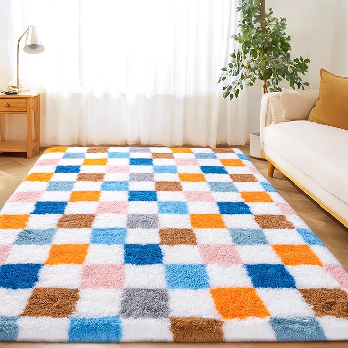 Checkered Rugs for Living Room Bedroom, 5x7 Area Rugs for Living Room, Modern Shaggy Carpets Fuzzy Rug for Boys Girls Dorm Nursery Home Decor Aesthetic, Upgrade Non-Slip Durable, Colorful