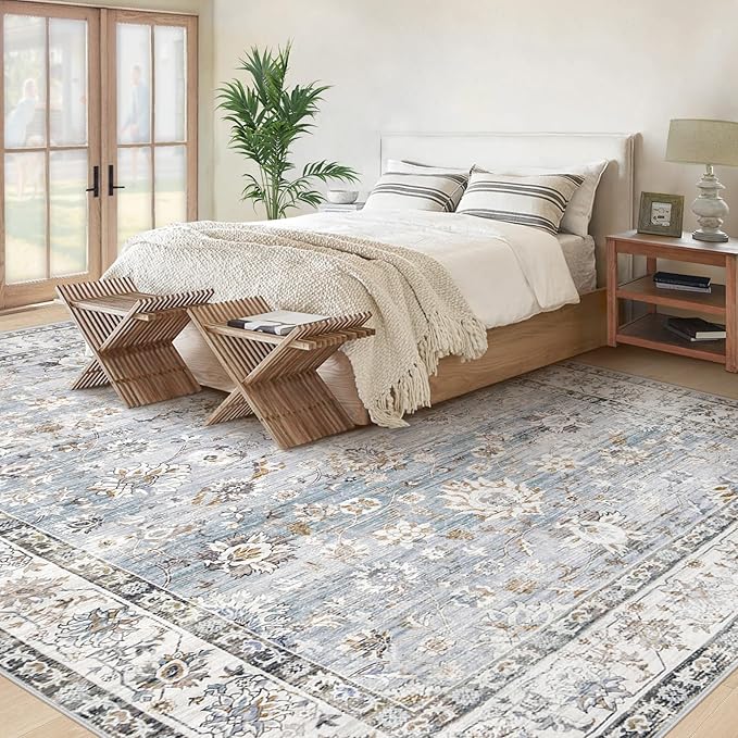 XLUEZ Area Rug 8x10 Living Room Rug, Machine Washable Vintage Distressed Boho Area Rug Non-Slip Soft Low Pile Large Indoor Rugs for Bedroom Kitchen Dining Room Office(Light Blue,8'x10')