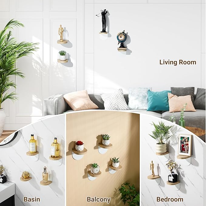 SAYAYO Small Floating Shelves for Wall Storage, 4 x 4 Inch Adhesive Wall Shelves for Bedroom Decor, Mini Display Wood Shelf Organizer with White Base for Living Room, Office, Balcony, 4 Pcs