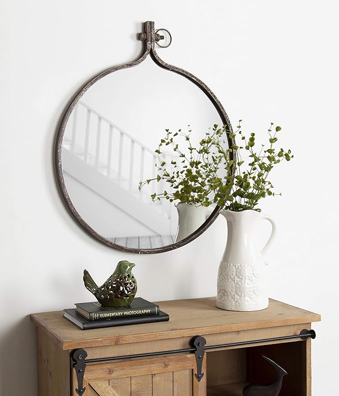 Kate and Laurel Yitro Round Industrial Rustic Metal Framed Wall Mirror, 23.5x28.5, Rustic Metal, Chic Industrial Accent Mirror for Wall