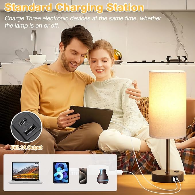 Touch Bedside Table Lamp with USB - 3 Way Dimmable Brown Lamp for Bedroom Nightstand, Desk Lamp with Charging Station for Dorm, Office, Kids Room, Living Room