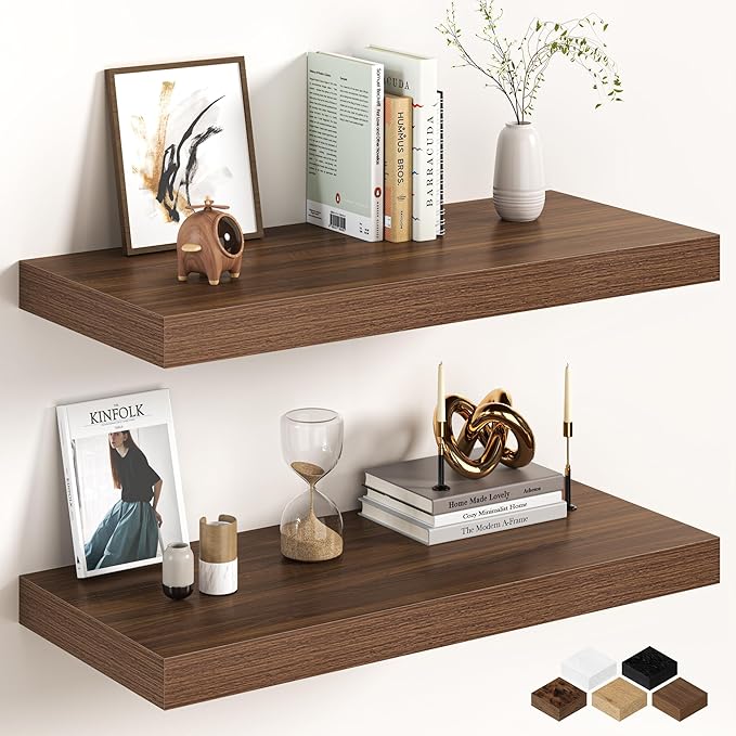 32Inch Walnut Floating Shelves for Wall, 12 Inch Deep Shelves for Bedroom, Kitchen, Bathroom Wall Mounted, Rustic Wood Floating Shelf with Invisible Brackets for Books, Storage, Decor, 2 Packs