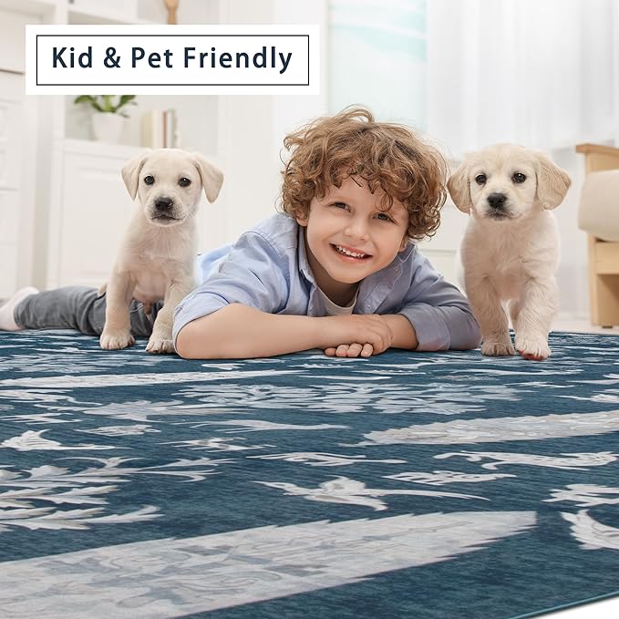 Srugn Washable Rugs 8x10 Area Rugs for Living Room,Bedroom,Dining Room- Large Ultra Soft Faux Wool Retro Carpet,Non Slip&Non-Shedding Low Pile Vintage Print Rug for Home Office Dorm Playroom-Blue
