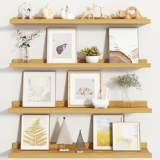 Fun Memories Picture Ledge Shelf, Floating Shelves Set of 4, 32 Inch Picture Shelves for Wall with Ledge, Large Nursery Book Shelf for Toys Storage, Living Room, Bedroom Decor Frames, Oak