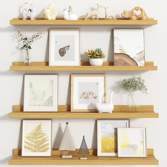 Fun Memories Picture Ledge Shelf, Floating Shelves Set of 4, 32 Inch Picture Shelves for Wall with Ledge, Large Nursery Book Shelf for Toys Storage, Living Room, Bedroom Decor Frames, Oak