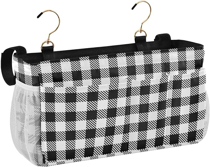 Buffalo Plaid Check Black Print Bedside Caddy Storage Bag Bedside Organizer for Bunk Bed Headboards College Organizer Caddy Hanging Shelf 6 Pockets with Hooks for Drinks Magazine Phone Holder