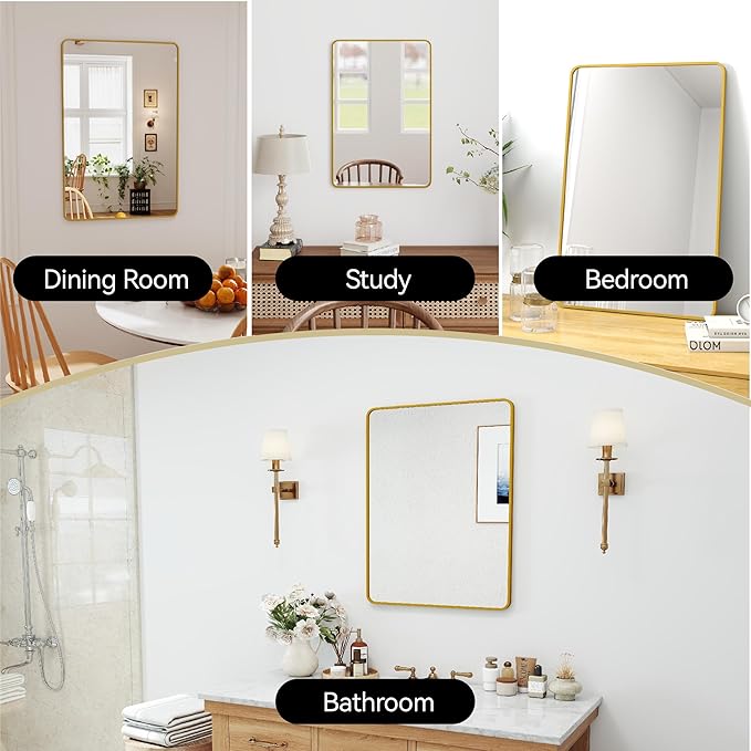 SCWF-GZ 20x30 Rectangle Mirror Full Length Wall Mounted Hanging or Against Wall Metal Frame Dressing Make-up Mirrors for Entryway Bedroom Bathroom Living Room 20 30 inch Gold