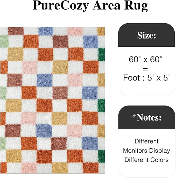 PureCozy Checkered Rug 5x5 for Living Room, Modern Neutral Shag Rug Washable Non-Slip Large Area Rug Super Soft Indoor Fuzzy Carpet Fluffy Rugs for Bedroom Home Aesthetic Decor