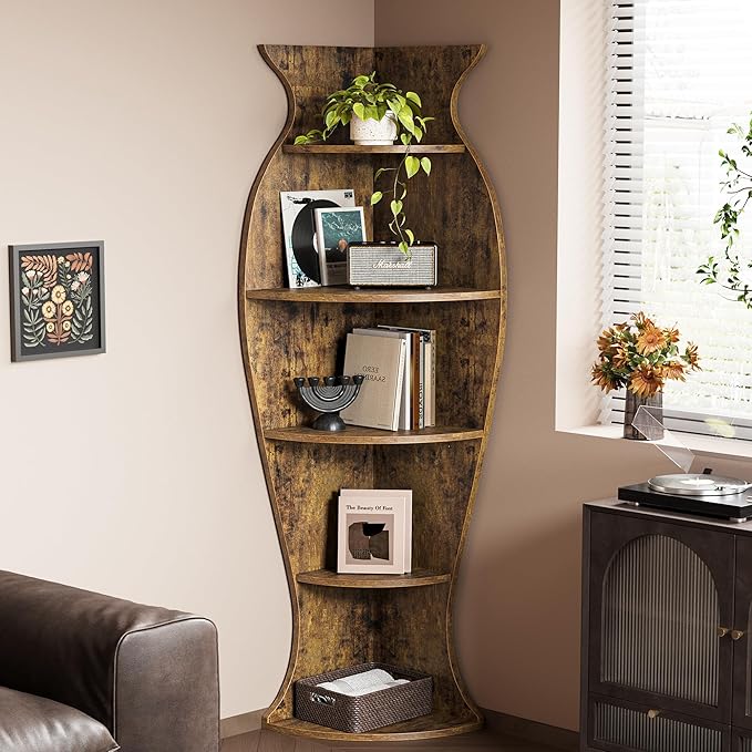 Small Corner Shelf, 5-Tier Vase-Shaped Bookshelf Organizer for Living Room Decor, Bedroom, and Office, Modern Freestanding Corner Bookcase for Storage and Display, Vases Home Decor Accent