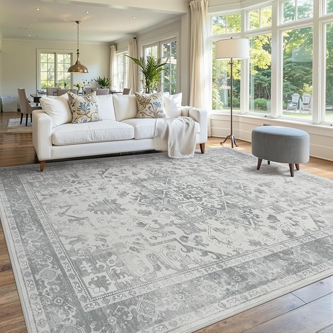 Rugxara 8x10 Washable Area Rug for Living Room, Extra Large Neutral Vintage Boho Rugs for Office, Kids Room, Farmhouse, Durable Low Pile Non Slip Carpet for High Traffic Areas, Light Grey