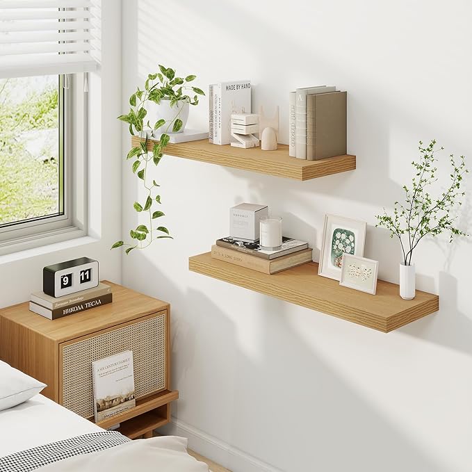 Fun Memories 9.3Inch Deep Floating Shelves for Wall, 30 Inch Rustic Wood Wall Mounted Shelves for Bathroom, Bedroom, Kitchen, Deep Floating Shelf for Storage & Home Decor (Oak, Set of 2)