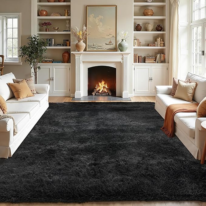 Fluffy Area Rugs for Bedroom - Soft Plush Shag Rug for Living Room Nursery Kids Room - Non Slip Fuzzy Shaggy Floor Carpets for Girls Boys Play Room Dorm Decor (Black, 8' x 10')