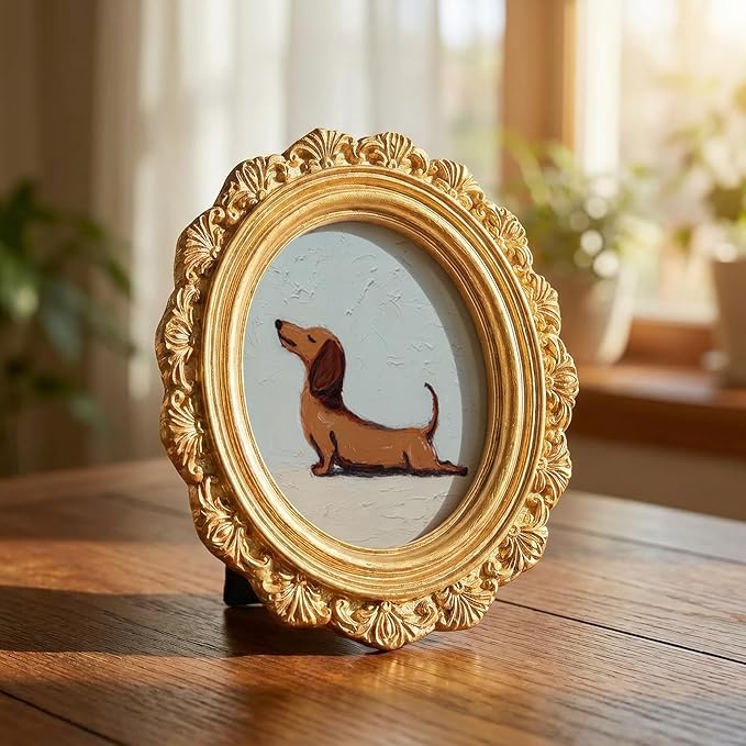 Small Vintage Dachshund Dog Round Picture Frame Wall Decor, Funny Wiener Gold Mini Ornate Photo Frame for TableTop Desk 2.7in Photo, Cute Rustic Framed Artwork for Walls Office Bedroom Shelf