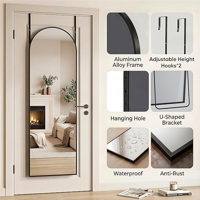 58"x20" Over The Door Mirror, Arched Full Length Mirror with Aluminum Frame, Adjustable Hooks, Wall Mounted or Standing for Bedroom Living Room, Black