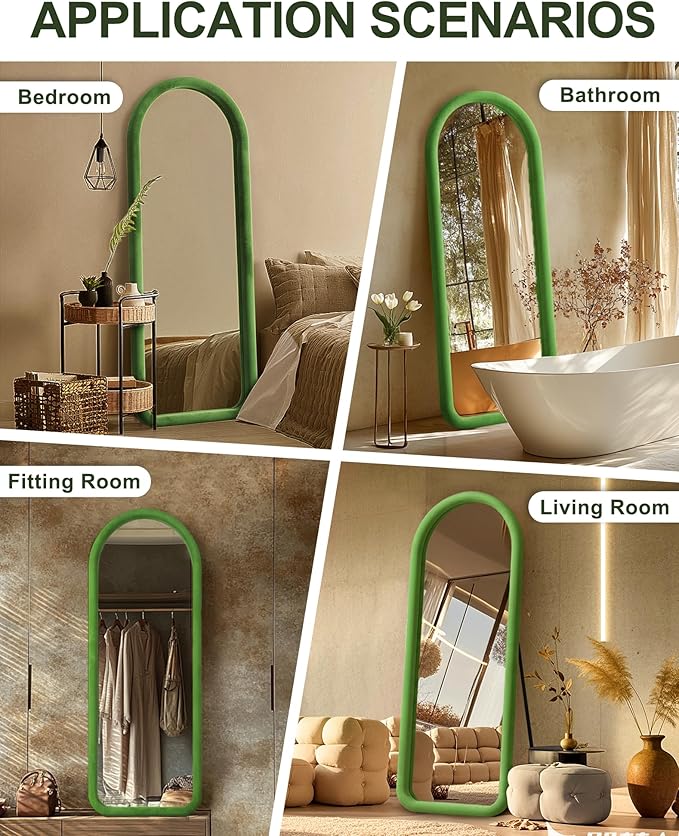 Delma Arched Full Length Mirror, Free Standing Floor Velvet Finish Frame Mirror for Leaning or Hanging, Soft Touch Bedroom & Living Room Decor,Green