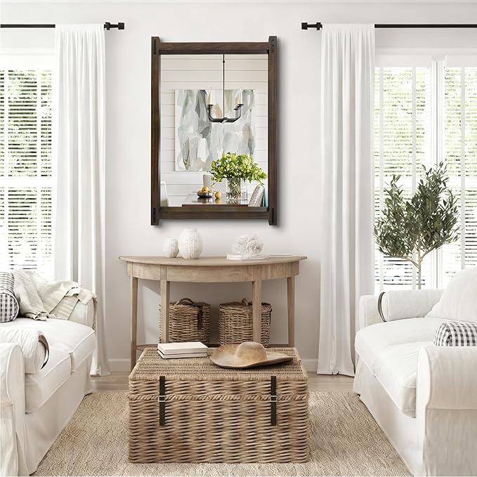 Rustic Wood Bathroom Mirror 36"x24" Farmhouse Wall Hanging Vanity Mirror Decorative Wall Mounted Mirrors for Bedroom Entryway Living Room