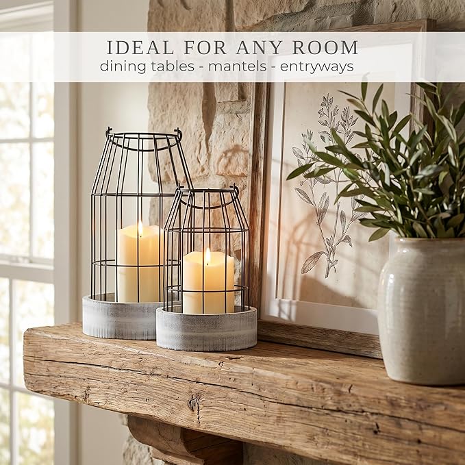 Rustic Farmhouse Lantern Decor Set of 2 - Stylish Decorative Lanterns for Your Living Room, Fireplace Mantle or Kitchen Dining Table - Modern Indoor/Outdoor Coffee Table Decor for Your Entire Home