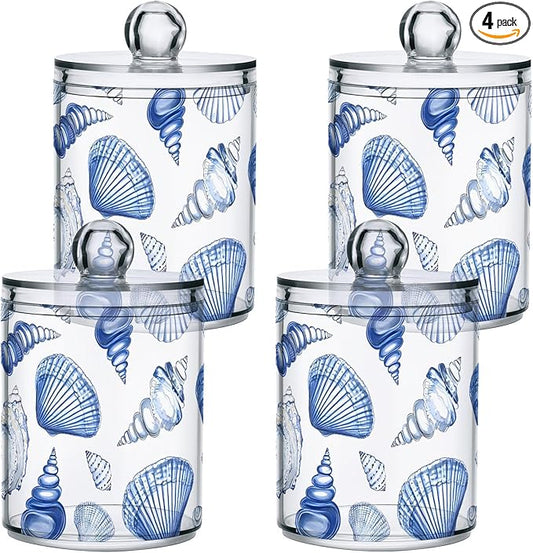 4 Pack Qtip Holder Dispenser Blue Seashells Ocean Nautical Coastal Cotton Ball Swab Round Pads Floss Clear Bathroom Storage Containers Plastic Apothecary Jars with Lids