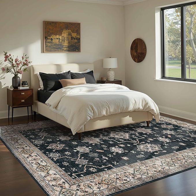 Rugxara 5x7 Area Rugs for Living Room Bedroom, Large Washable Rug, Black Vintage Floral Boho Rug, Non Slip & Low Pile Faux Wool Thin Carpet for Indoor Dining Room and Kids Room(Black 5x7ft)